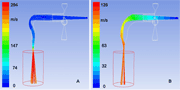 图4：比较CO2雪喷射设备90°弯度连接方式变量以及膨胀室与加速喷嘴间不同直径缩小变量